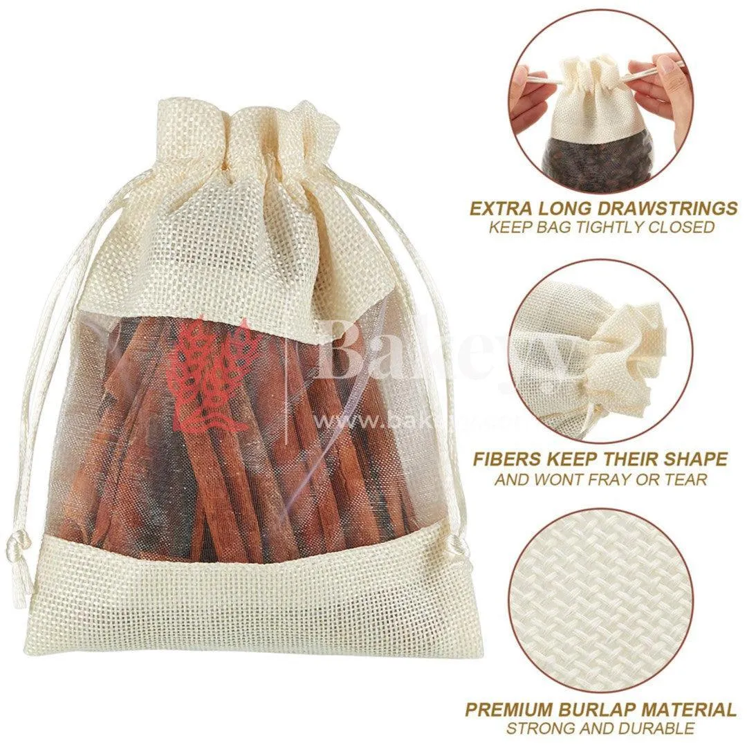 20x25 CM | Cream | Jute Potli Window Bag | Gift Return Gifts Bags| Drawstring Bags