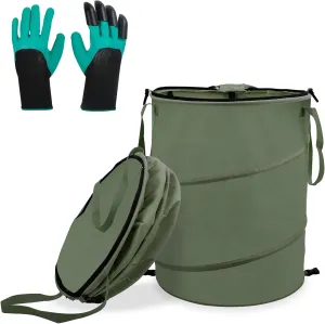 24 Gallons Collapsible Reusable Bags with Gloves, Camping Trash Can with Lid, Pop Up Garbage Can for Outdoor, Large Capacity Leaf Bags for Yard, Lawn, Reusable Garden Garbage Bag - Green