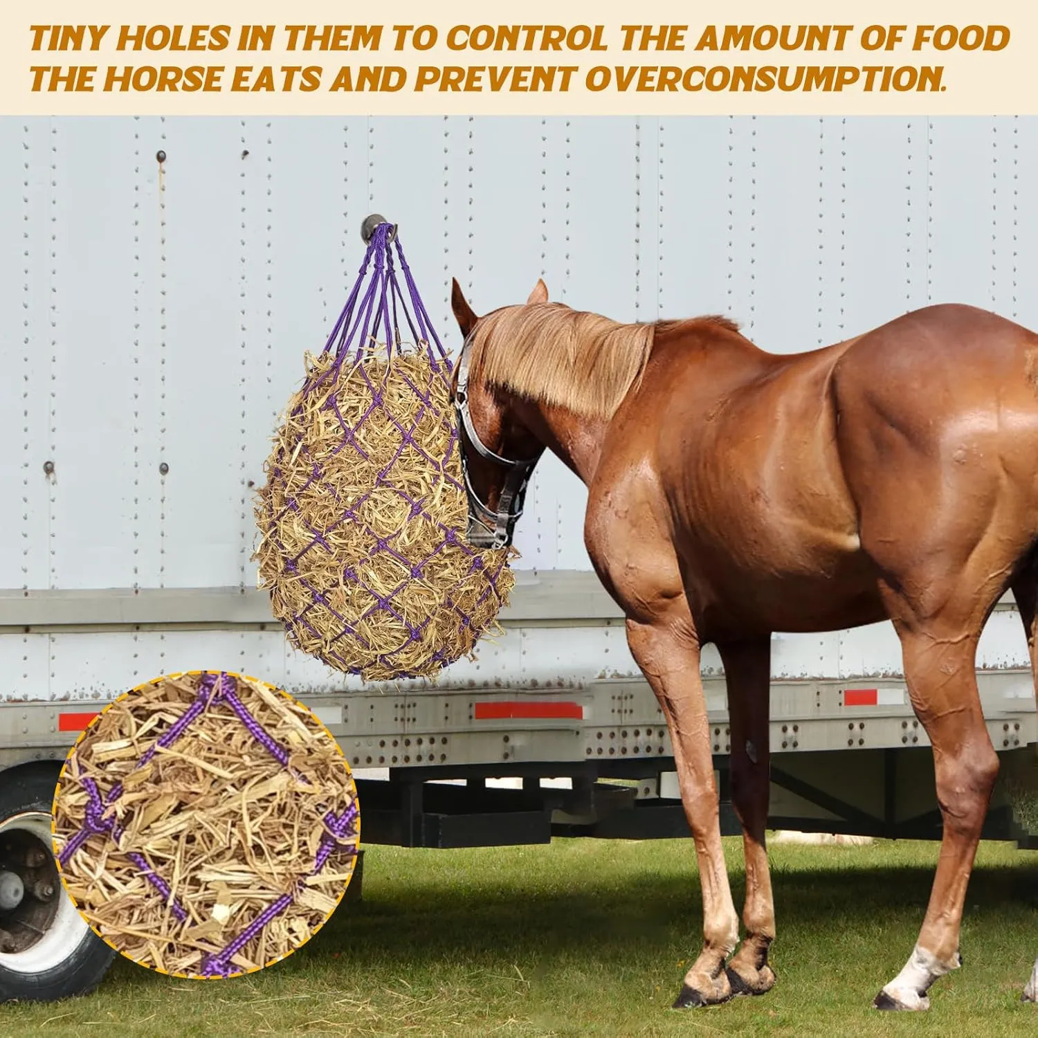 2PCS Hay Nets for Horses,2.36"x2.36" Holes 40”Horse Hay Feeder Net for Slower Feeding,Strong Load-Bearing Hay Bag Hanging for Horse Stable Trailer (Purple)