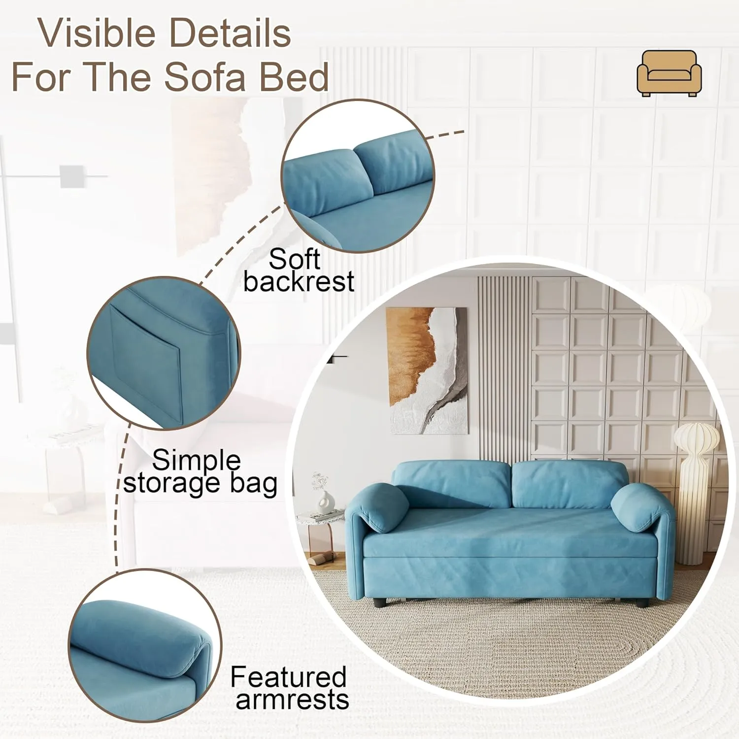 3 in 1 Convertible Sleeper Sofabed W/Pillow-top Armrests, Functional Loveseat Sofa Living Room Chaise Lounge Daybed Convertible Sofabed with Pull Out Sleeper Couch Bed ,Reclining Backrest and Pockets