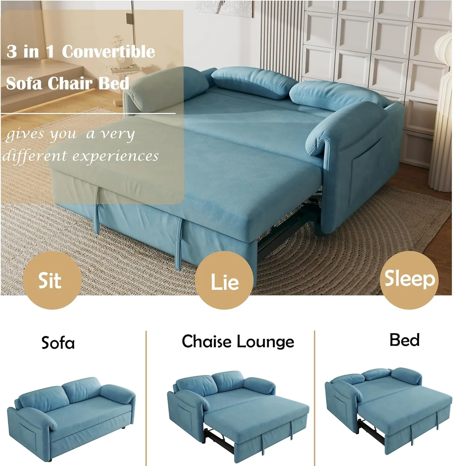 3 in 1 Convertible Sleeper Sofabed W/Pillow-top Armrests, Functional Loveseat Sofa Living Room Chaise Lounge Daybed Convertible Sofabed with Pull Out Sleeper Couch Bed ,Reclining Backrest and Pockets