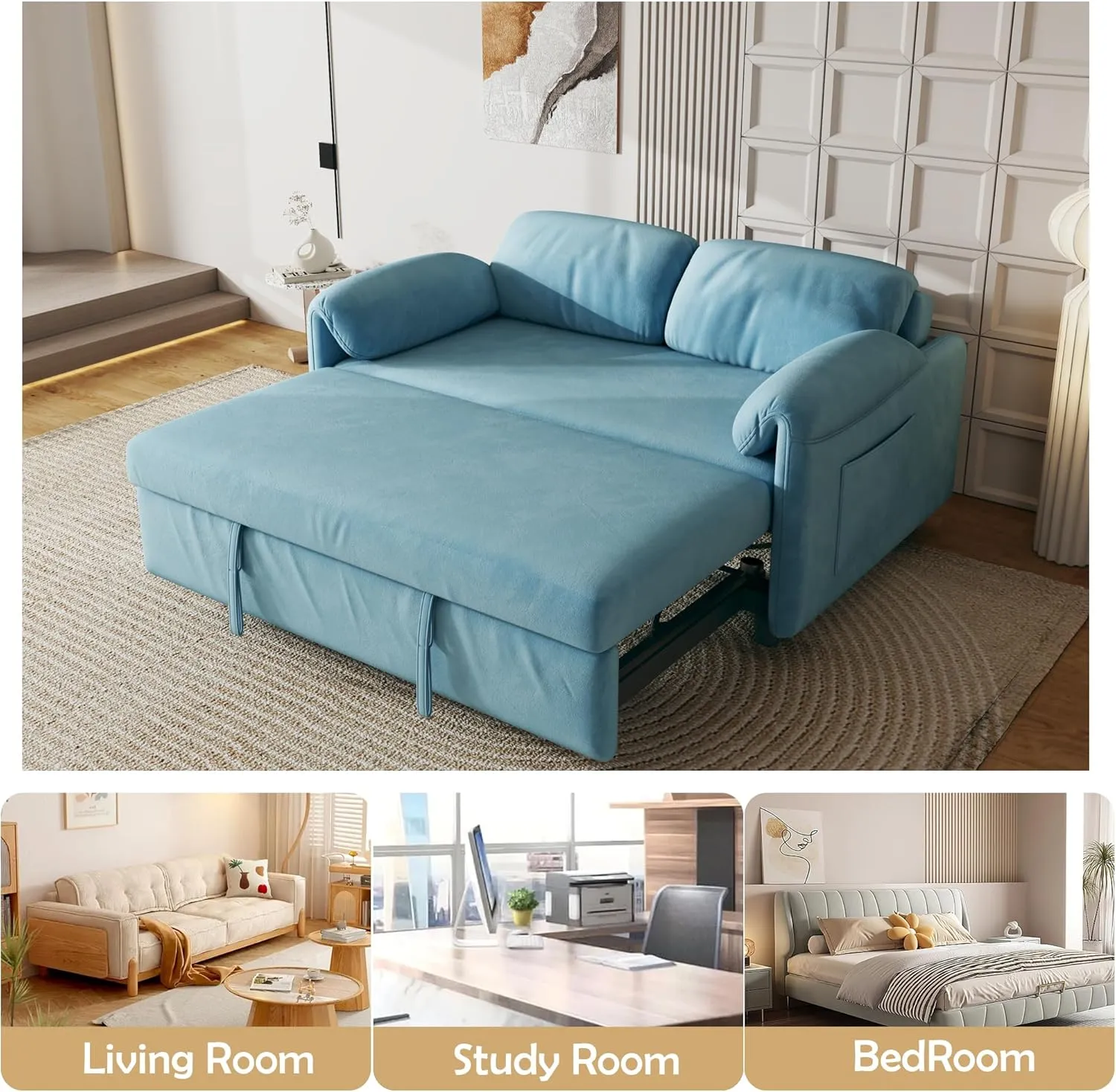 3 in 1 Convertible Sleeper Sofabed W/Pillow-top Armrests, Functional Loveseat Sofa Living Room Chaise Lounge Daybed Convertible Sofabed with Pull Out Sleeper Couch Bed ,Reclining Backrest and Pockets