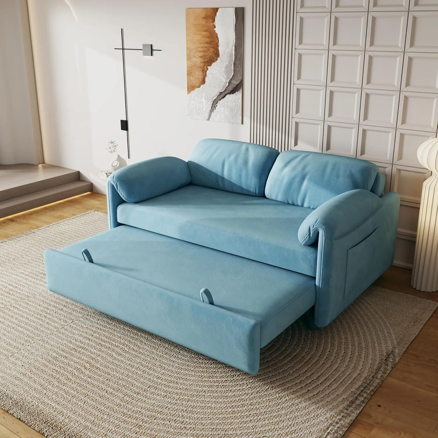 3 in 1 Convertible Sleeper Sofabed W/Pillow-top Armrests, Functional Loveseat Sofa Living Room Chaise Lounge Daybed Convertible Sofabed with Pull Out Sleeper Couch Bed ,Reclining Backrest and Pockets