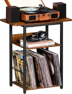 3 Tier Record Player Stand, Industrial Turntable Stand with Storage Shelf Up to 100 Albums, Brown Printer Stand for Office Fax Machine Files Scanner, End Side Table for Living Room, Bedroom