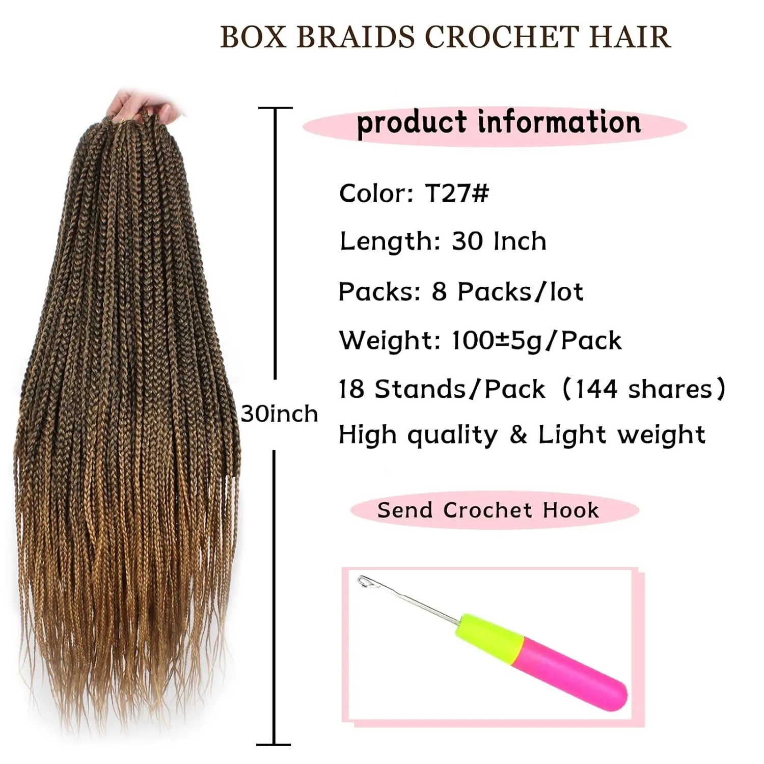 30 Inch 144 Strands Box Braids Crochet Hair Pre-looped 8 Packs Long 3X Braids Hair Extensions Synthetic Crochet Hair for Woman (18Strands/pack T27#)