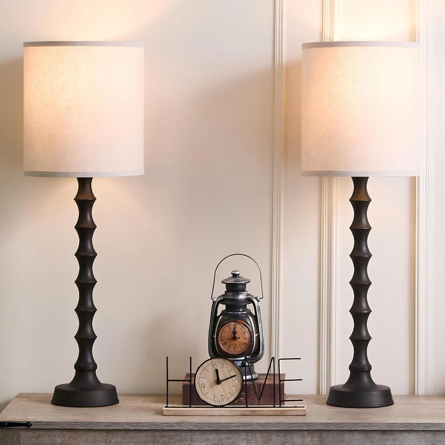 30.5" Rustic Buffet Table Lamps for Living Room Set of 2, Farmhouse Table Lamps for Buffet Set of 2, Oil Rubbed Bronze Candlestick Lamps with Linen Oatmeal Lampshade, Vintage Tall Skinny Lamps