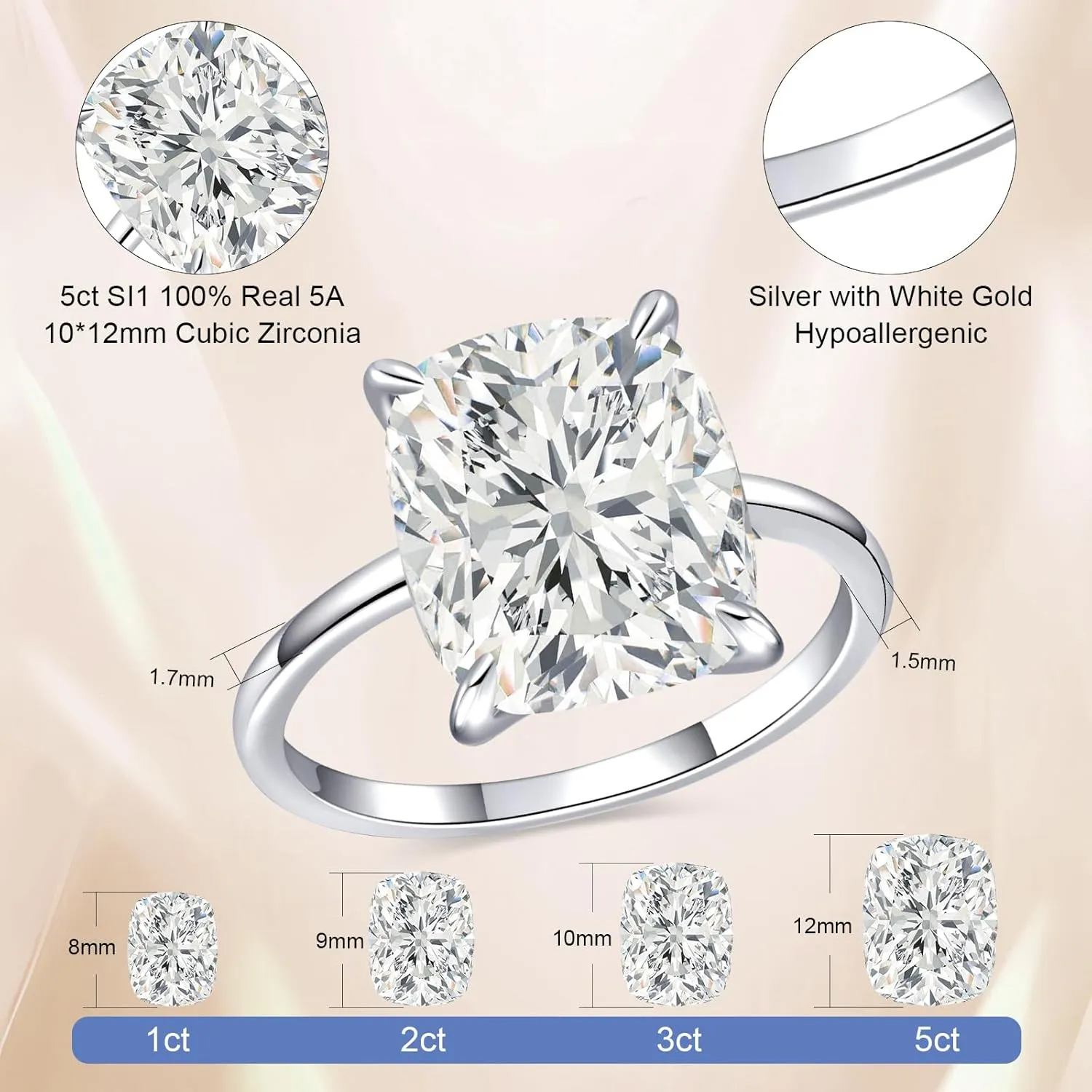 3CT/5CT Elongated Cushion Cut Engagement Ring for Women, Promise Wedding Cubic Zirconia White Gold Plated Band Size 5-9