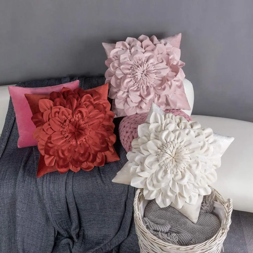 3D Flower Decorative Throw Pillow Covers Floral Pillow Shams Soft Velvet Pillowcases Home Sofa Car Bed Room Decor 18 x 18 Inches Cream White