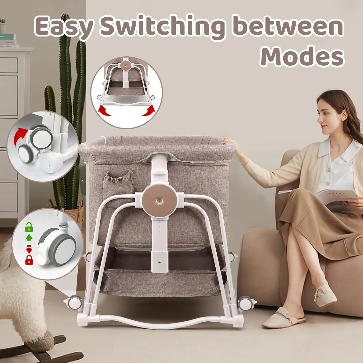 4 in 1 Baby Bassinet, Bassinets Bedside Sleeper with Lockable Wheels, Storage, Mosquito Net and Matress Included, 7 Level Adjustable Bedside Bassinet for Baby Newborn(Khaki)