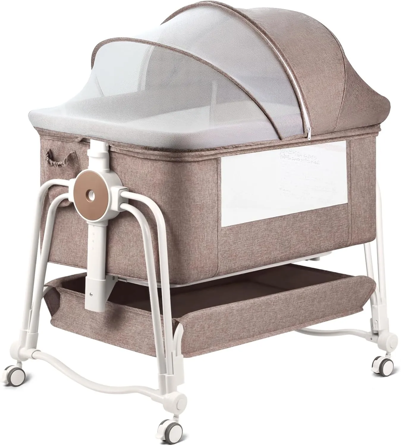 4 in 1 Baby Bassinet, Bassinets Bedside Sleeper with Lockable Wheels, Storage, Mosquito Net and Matress Included, 7 Level Adjustable Bedside Bassinet for Baby Newborn(Khaki)