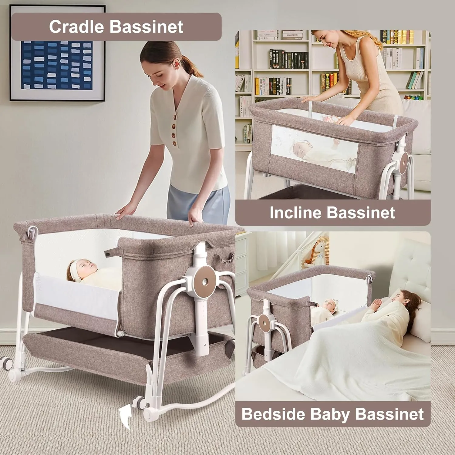 4 in 1 Baby Bassinet, Bassinets Bedside Sleeper with Lockable Wheels, Storage, Mosquito Net and Matress Included, 7 Level Adjustable Bedside Bassinet for Baby Newborn(Khaki)