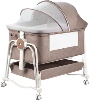 4 in 1 Baby Bassinet, Bassinets Bedside Sleeper with Lockable Wheels, Storage, Mosquito Net and Matress Included, 7 Level Adjustable Bedside Bassinet for Baby Newborn(Khaki)