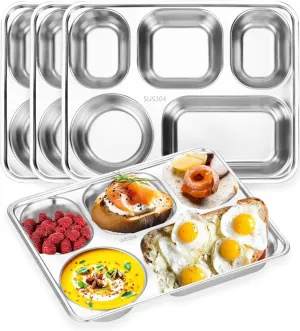 4 Pack 304 Stainless Steel Divided Plates Tray, 5 Sections Small Rectangular Dinner Plates Control Plates for Kids, Picky Eaters, Campers, Diet Food Portion Control
