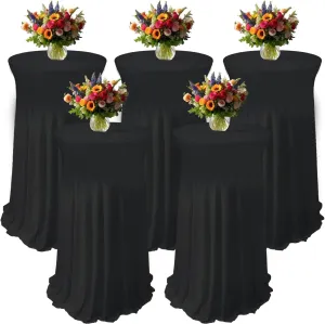 5 Pack Black Round Spandex Cocktail Tablecloths with Skirt, 32 x 43 Inch Stretch Cocktail Table Linen Cloth & Spandex Table Cover for High Top Tables, Bars, Weddings, Parties & Banquets