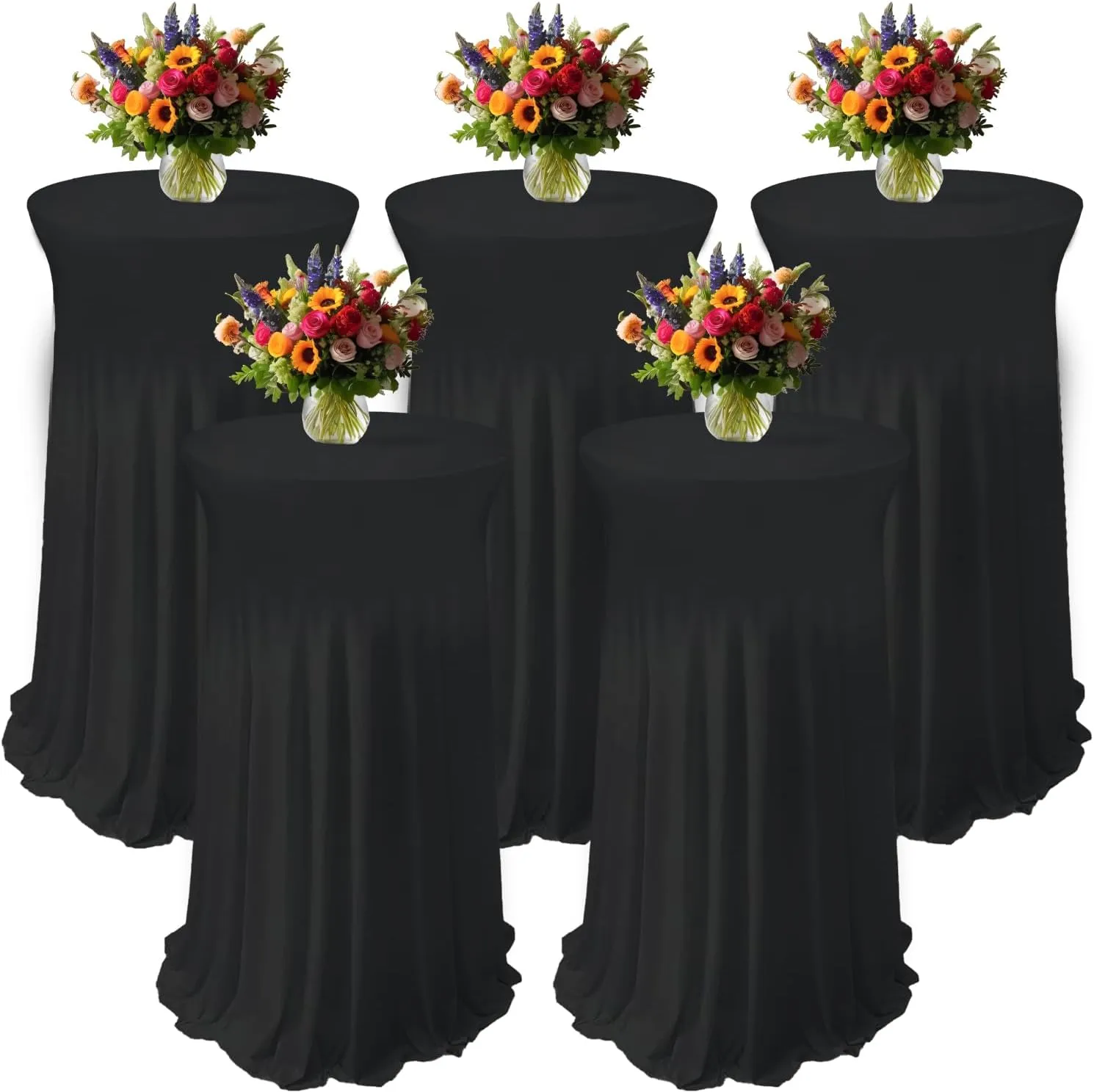 5 Pack Black Round Spandex Cocktail Tablecloths with Skirt, 32 x 43 Inch Stretch Cocktail Table Linen Cloth & Spandex Table Cover for High Top Tables, Bars, Weddings, Parties & Banquets