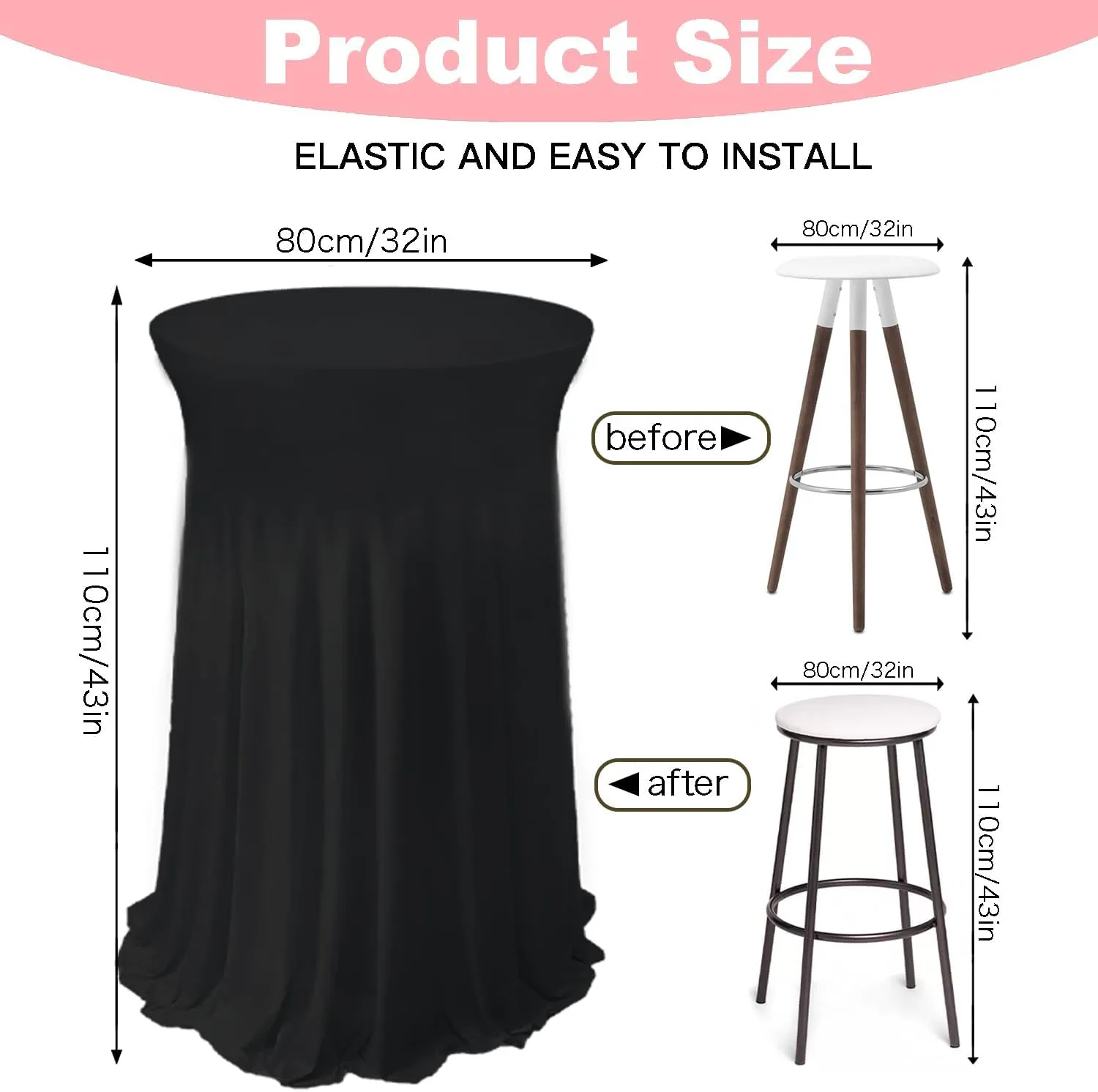 5 Pack Black Round Spandex Cocktail Tablecloths with Skirt, 32 x 43 Inch Stretch Cocktail Table Linen Cloth & Spandex Table Cover for High Top Tables, Bars, Weddings, Parties & Banquets