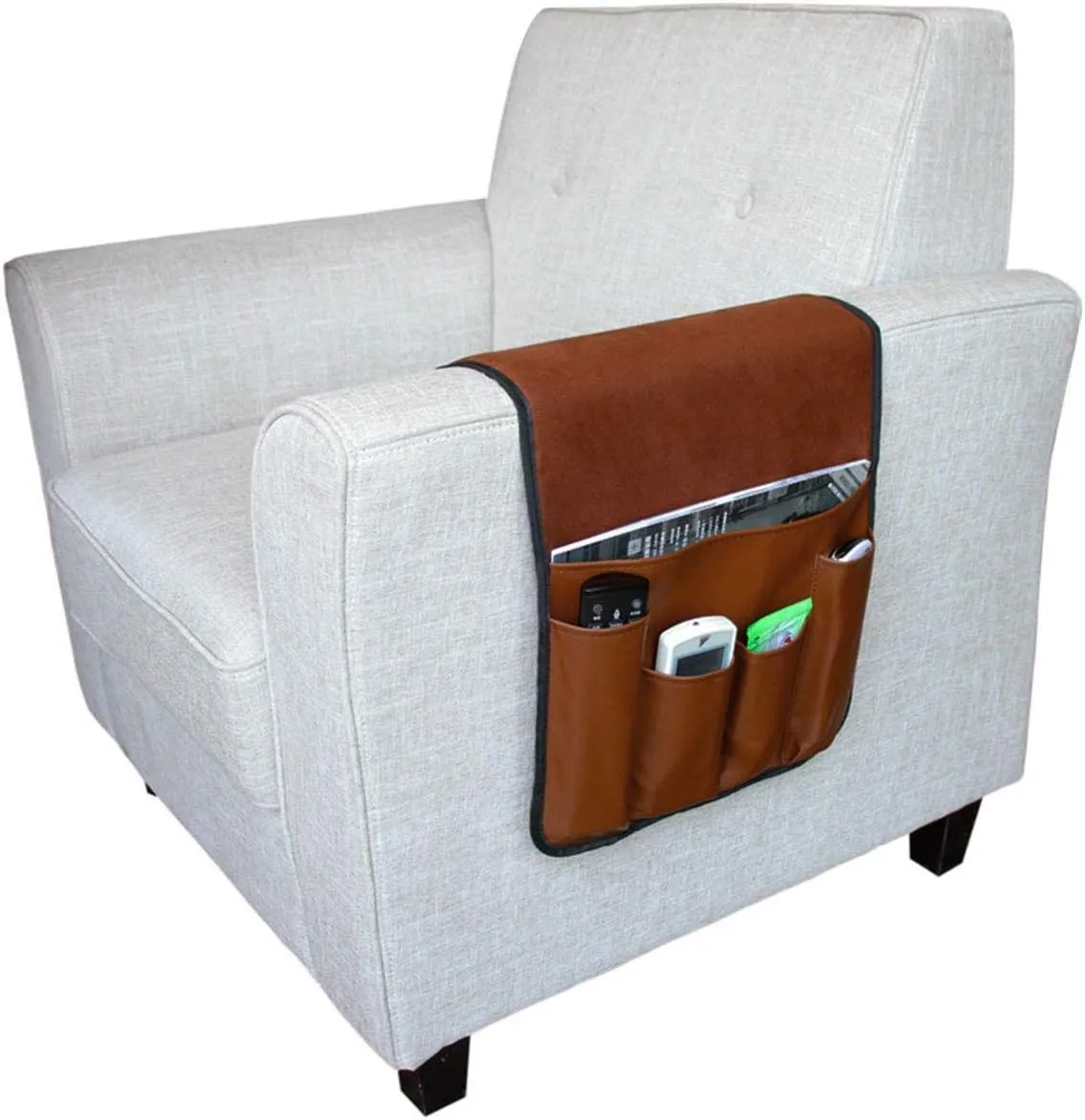 5 Pockets TV Remote Control Holder Couch Sofa Tray Armrest Organiser Oxford Chair Couch Caddy Sofa Armrest Bag Bedside Storage Hanging Organiser for Magazine Books Snack Mobile DVD Cellphone (PU-A)