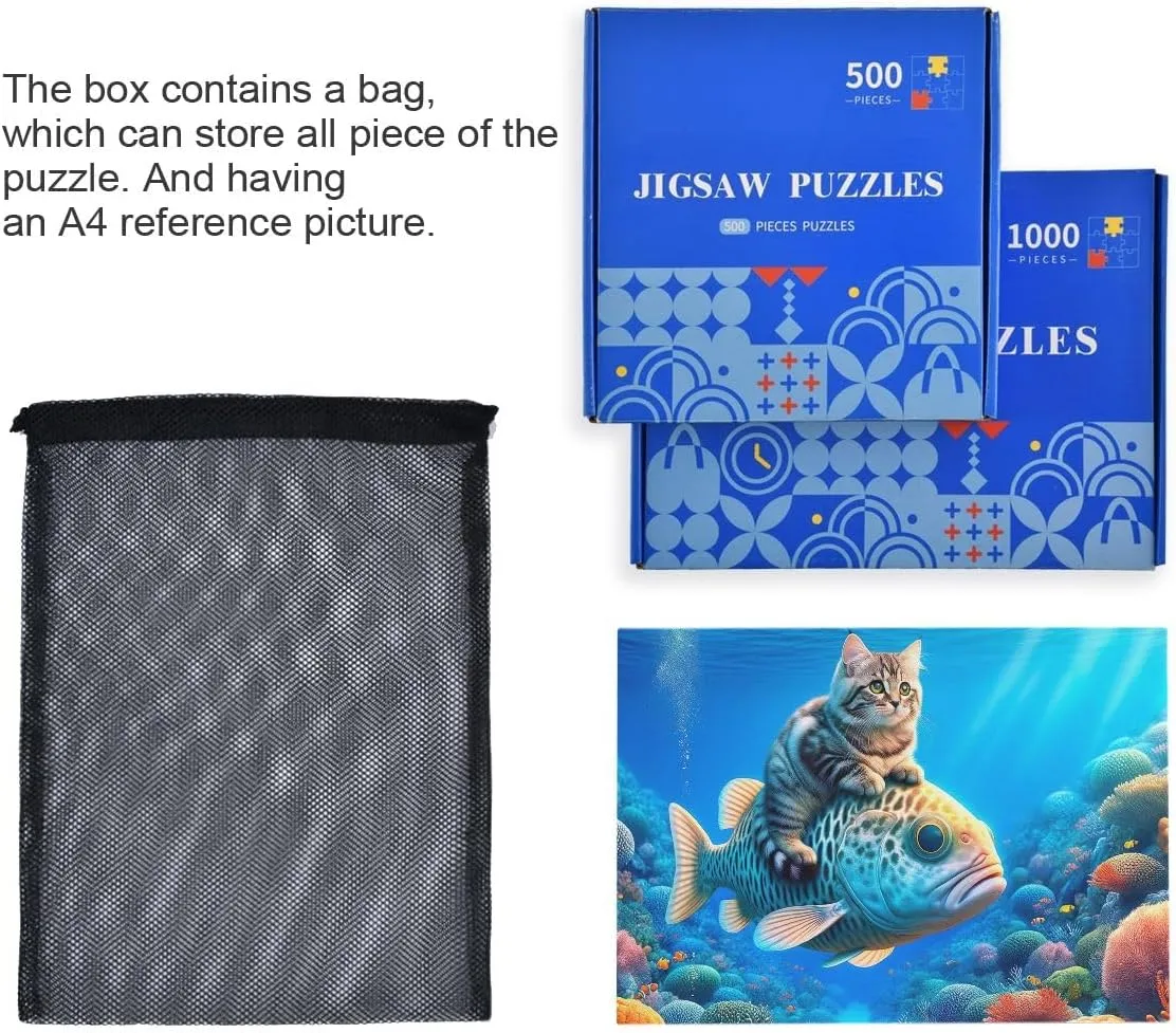 500 Piece Jigsaw Puzzle, Little Cat Riding on Fish Puzzle Challenging Puzzle Game Fun Family Activity, 20.5" L X 14.9" W