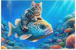500 Piece Jigsaw Puzzle, Little Cat Riding on Fish Puzzle Challenging Puzzle Game Fun Family Activity, 20.5" L X 14.9" W