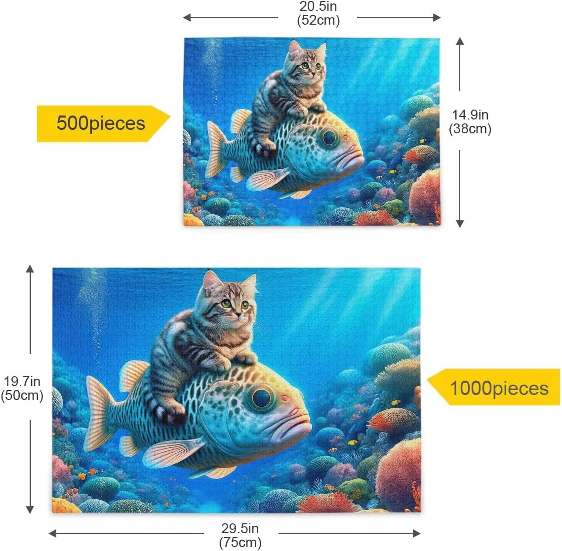 500 Piece Jigsaw Puzzle, Little Cat Riding on Fish Puzzle Challenging Puzzle Game Fun Family Activity, 20.5" L X 14.9" W