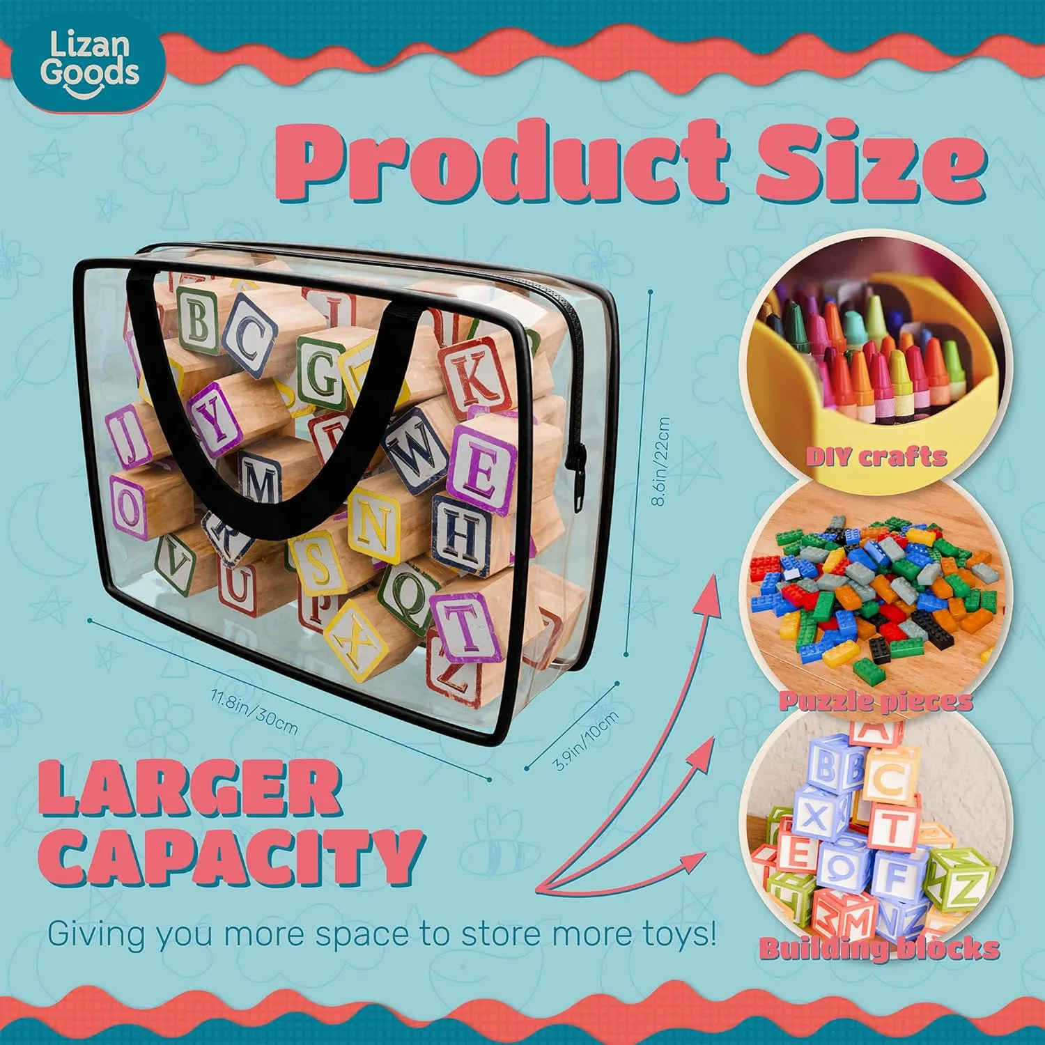 6 Pack Clear Toy Storage Bags with Zipper   10 Pack mesh zipper pouch bags – Large Organizer Bag for Kids’ Toys, Blocks, Little People, Clay Sets, and More – PVC Zippered Case for Easy Organization