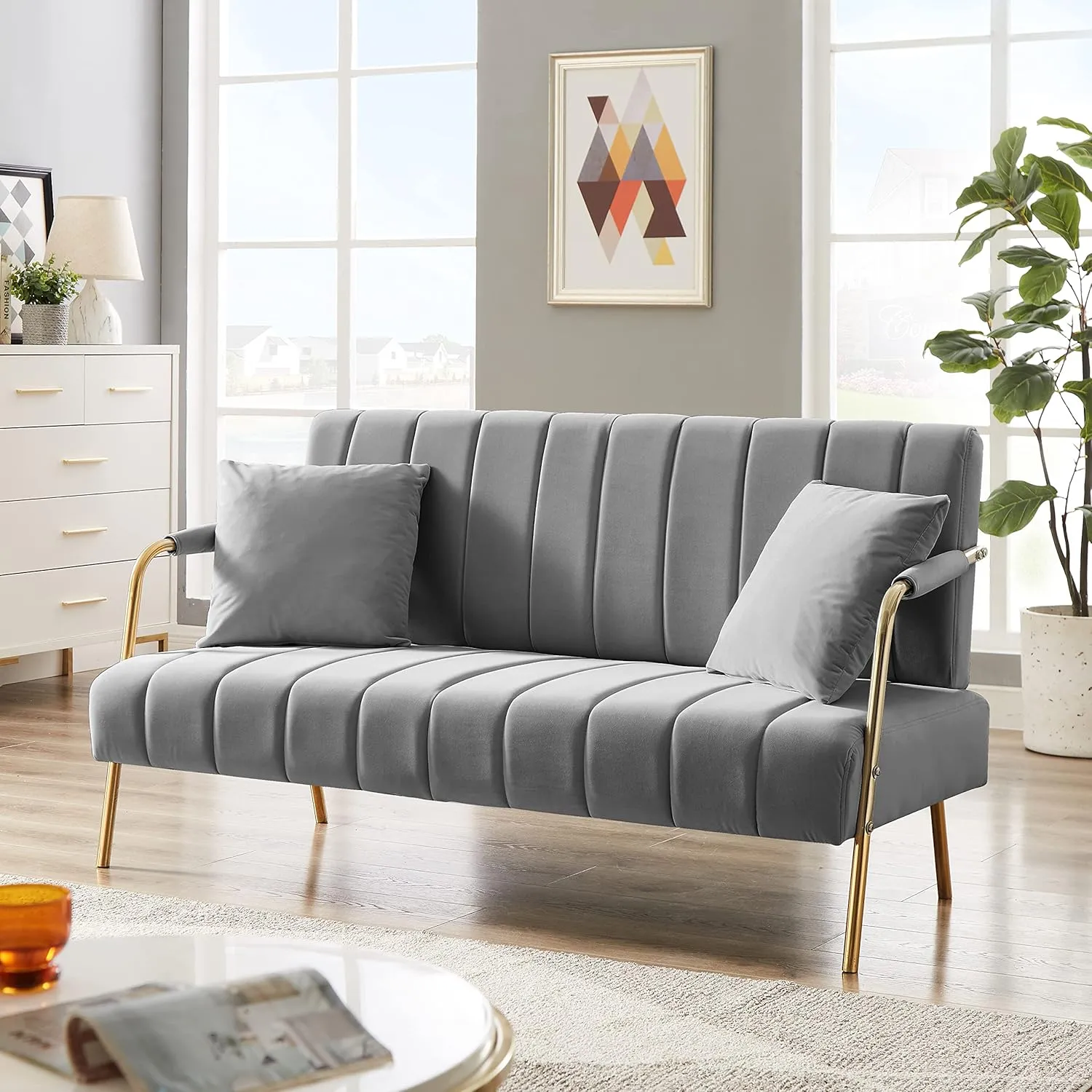 61" Modern Velvet Loveseat Sofa,Upholstery Love Seat Couches with Tufted Backrest,Golden Metal Legs,Accent Sofa for Living Room Bedroom Apartment Office (Light Grey)