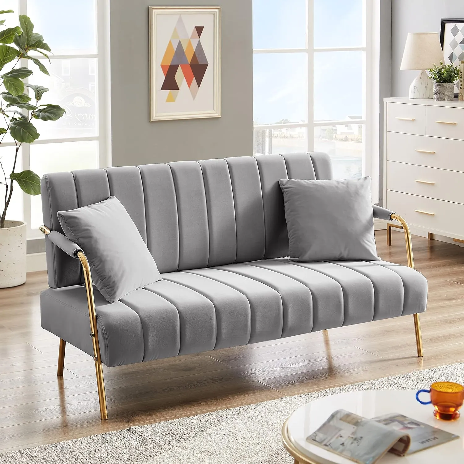 61" Modern Velvet Loveseat Sofa,Upholstery Love Seat Couches with Tufted Backrest,Golden Metal Legs,Accent Sofa for Living Room Bedroom Apartment Office (Light Grey)