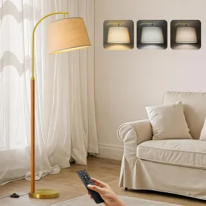 62.5" Gold Floor Lamp for Living Room Dimmable Standing Lamp with Remote & Foot Switch, 3 Color Temperatures Arc Tall Lamp Wood Mid Century Modern Floor Lamps for Bedroom Office, 9W Bulb Included
