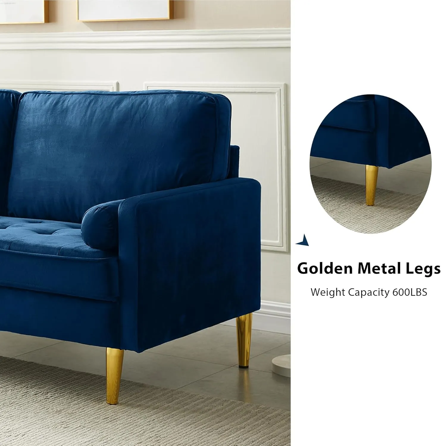 67" Modern Velvet Loveseat Sofa Couch, Mid-Century Tufted Upholstered Small Love Seat Couch with 2 Pillows & 4 Golden Legs, 2-Seats Couches for Compact Space, Living Room, Apartment (Navy)