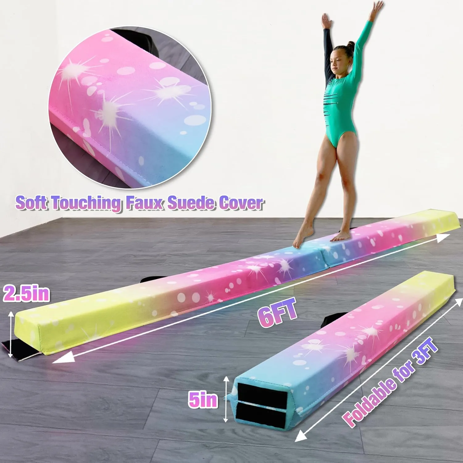 6FT/9FT Folding Balance Beam for Kids ages 3-15- Foldable Gymnastics Floor Beam,Anti-Slip ,Carrying Bag, Faux Suede Covered,EVA foam,Gymnastics Equipment for Kids Training At Home,School,Gym Center