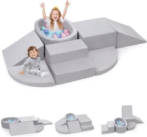 7-Piece Foam Climbing Blocks for Toddlers, Baby Climb and Crawl Soft Play Set with Ball Pit, Machine Washable Cover, Indoor Activity Play Structure, Climbing Toys for Toddlers 1-3 (Gray)