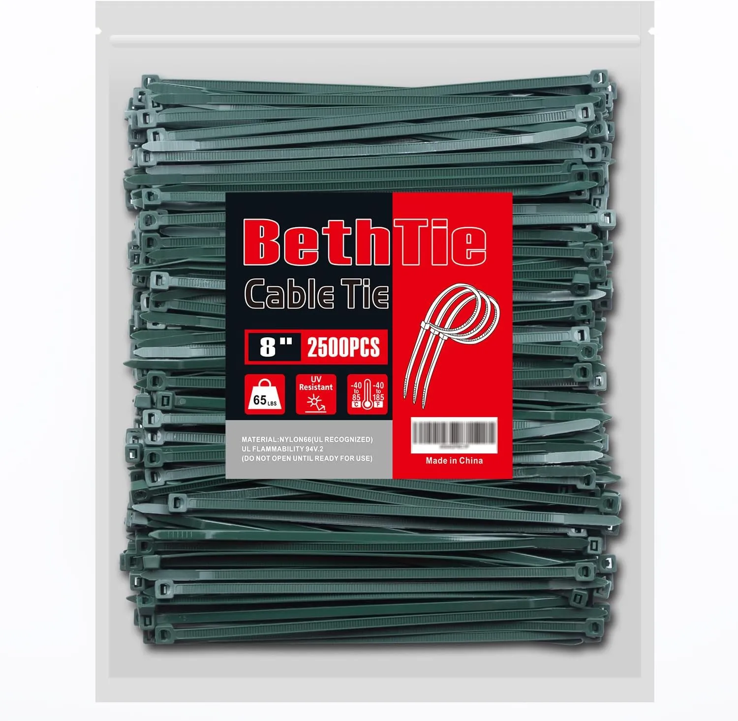 8 Inch Dark Green Zip Ties (2500 Pack), 65 LBS Tensile Strength, Self-Locking Nylon PA66 UV Resistant Cable Ties for Indoor and Outdoor Use