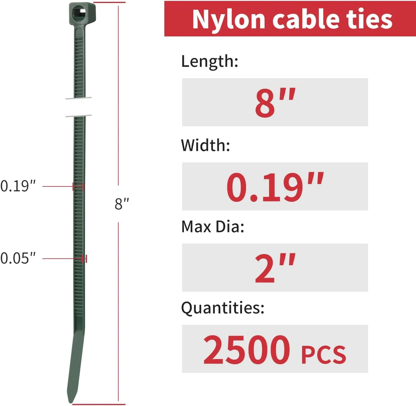 8 Inch Dark Green Zip Ties (2500 Pack), 65 LBS Tensile Strength, Self-Locking Nylon PA66 UV Resistant Cable Ties for Indoor and Outdoor Use