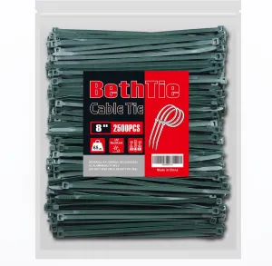 8 Inch Dark Green Zip Ties (2500 Pack), 65 LBS Tensile Strength, Self-Locking Nylon PA66 UV Resistant Cable Ties for Indoor and Outdoor Use