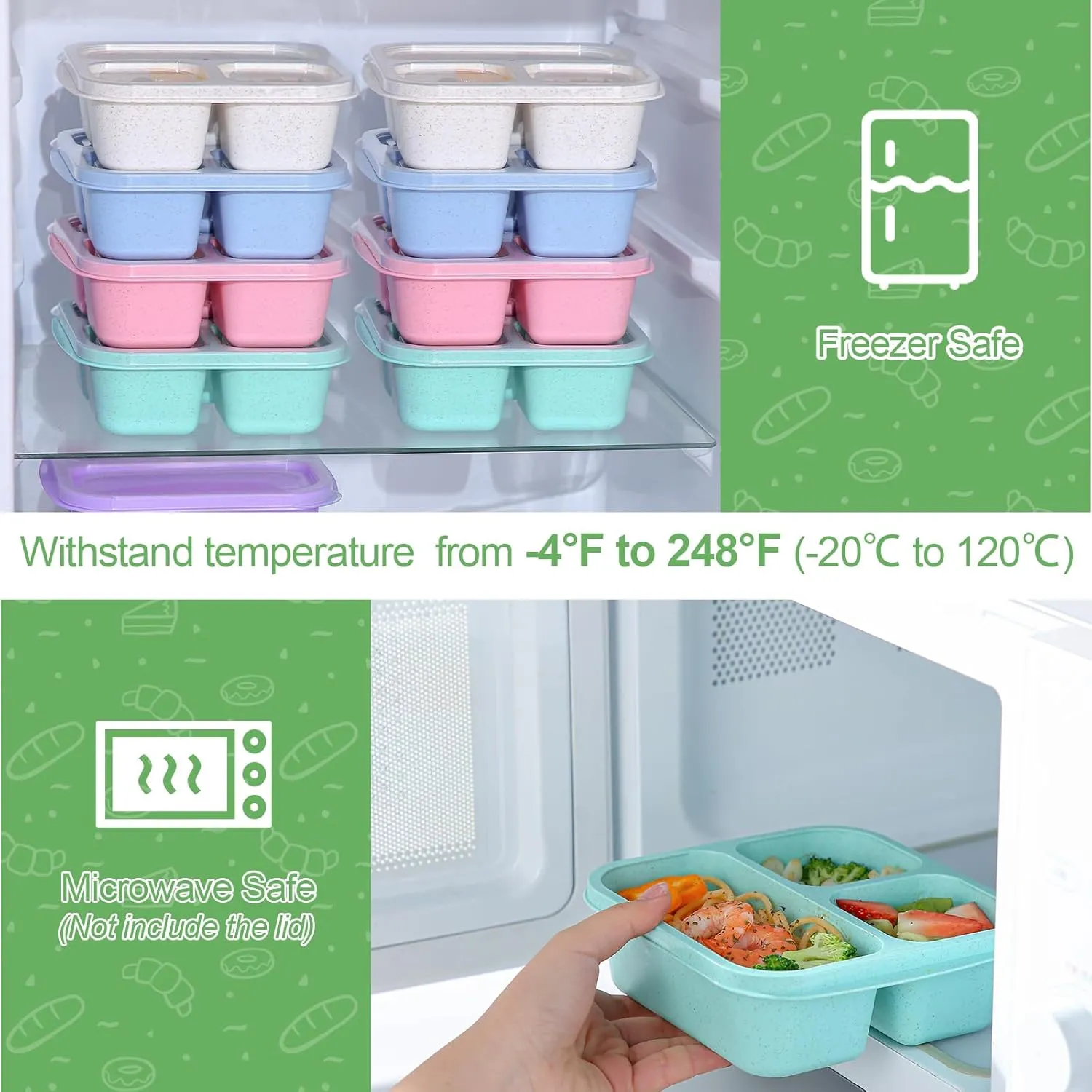 8 Pack Bento Box Lunch Container for Kids with Forks, Divided Lunch Boxes Meal Prep Food Storage Containers for Adults, Reusable Portion Control Container for School Work Travel Camp (20 OZ)