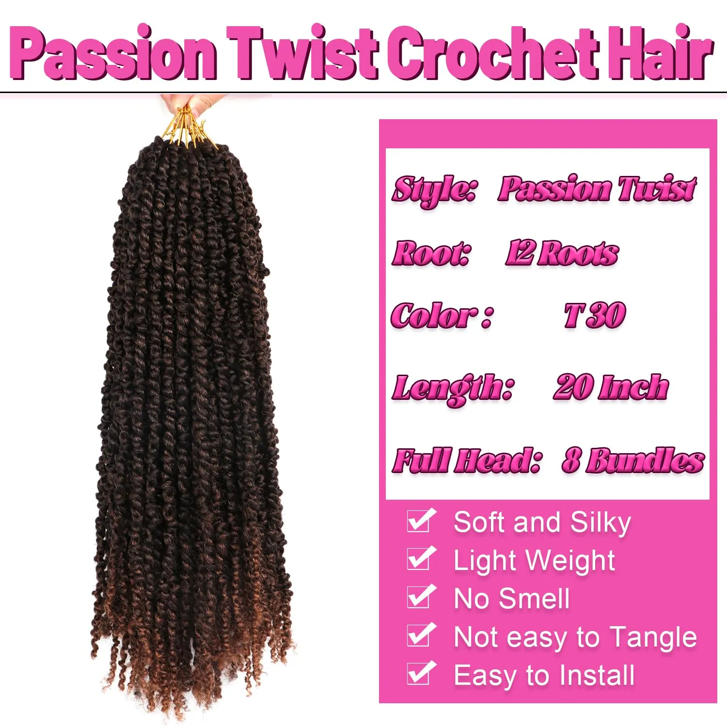 8 Packs Passion Twist Crochet Hair 20 Inch Prelooped Crochet Braids Pretwisted Spring Twist Crochet Hair for Black Women (20 Inch (Pack of 8), T30#)