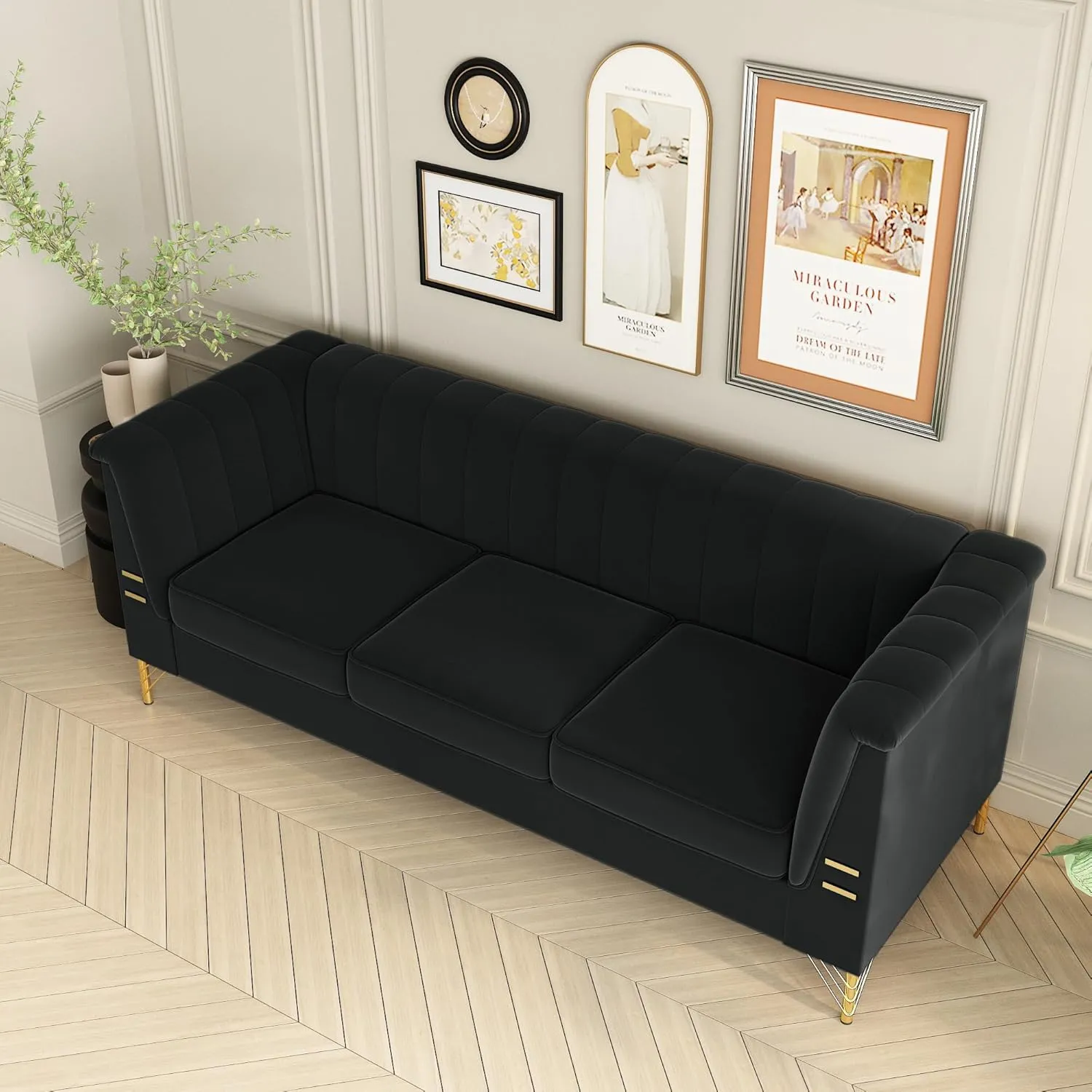 83.46" W Black Velvet Sofa Couch with Metal Gold Legs, 3-Seater High Arm Upholstered Sofa for Living Room, Bedroom, Office (Black)