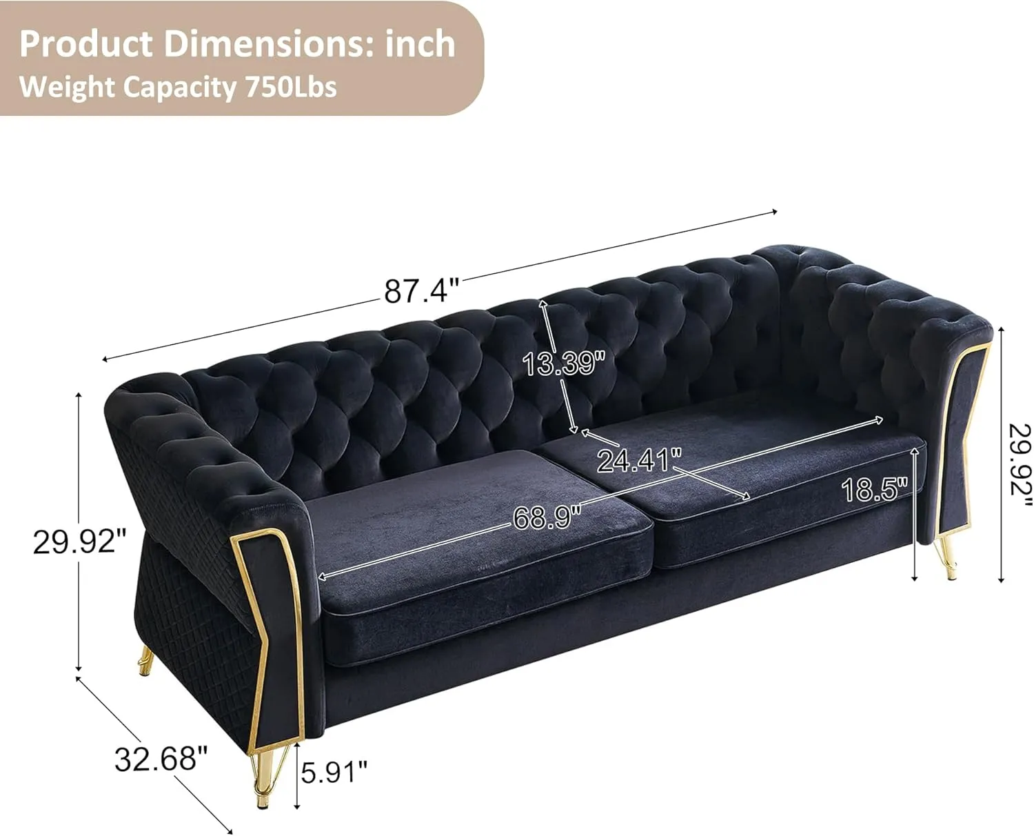 87.4" Velvet Sofa Couch, Mid-Century Modern Chesterfield Loveseat Classic Button Tufted 2 Seater Couch with Golden Legs for Living Room Office Bedroom (Black)