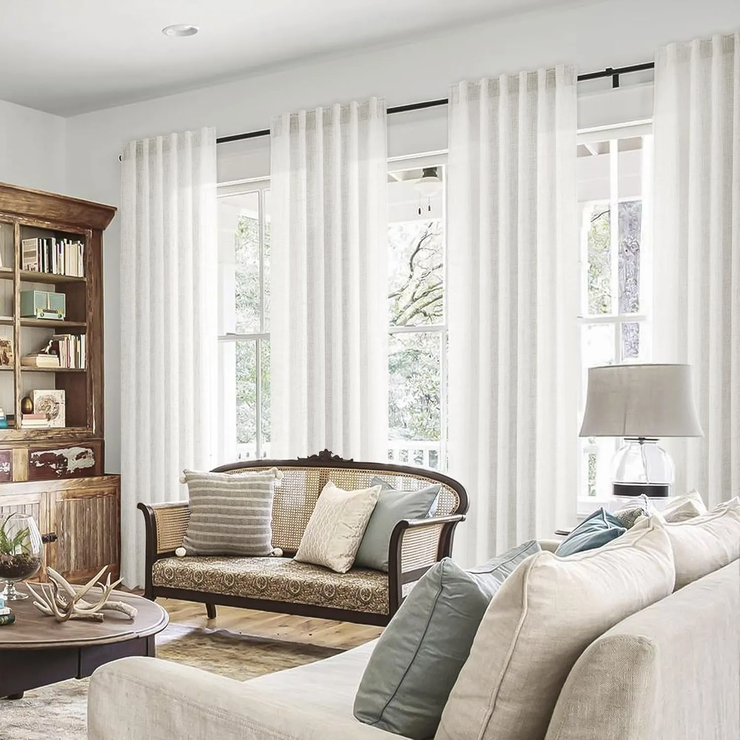 95 Inch Length Curtains 2 Panels Set Rod Pocket Linen Window Sheer Privacy Decorative Curtain Drapes for Living Room Bedroom,50x95 in Long,Ivory(Cream/Off White)