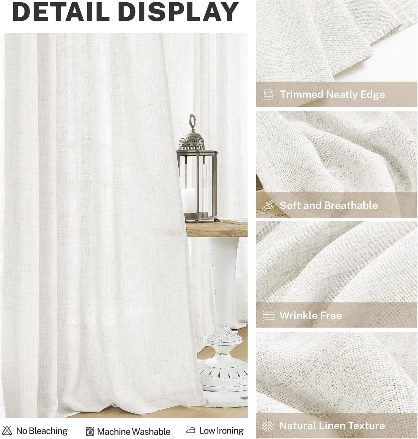 95 Inch Length Curtains 2 Panels Set Rod Pocket Linen Window Sheer Privacy Decorative Curtain Drapes for Living Room Bedroom,50x95 in Long,Ivory(Cream/Off White)