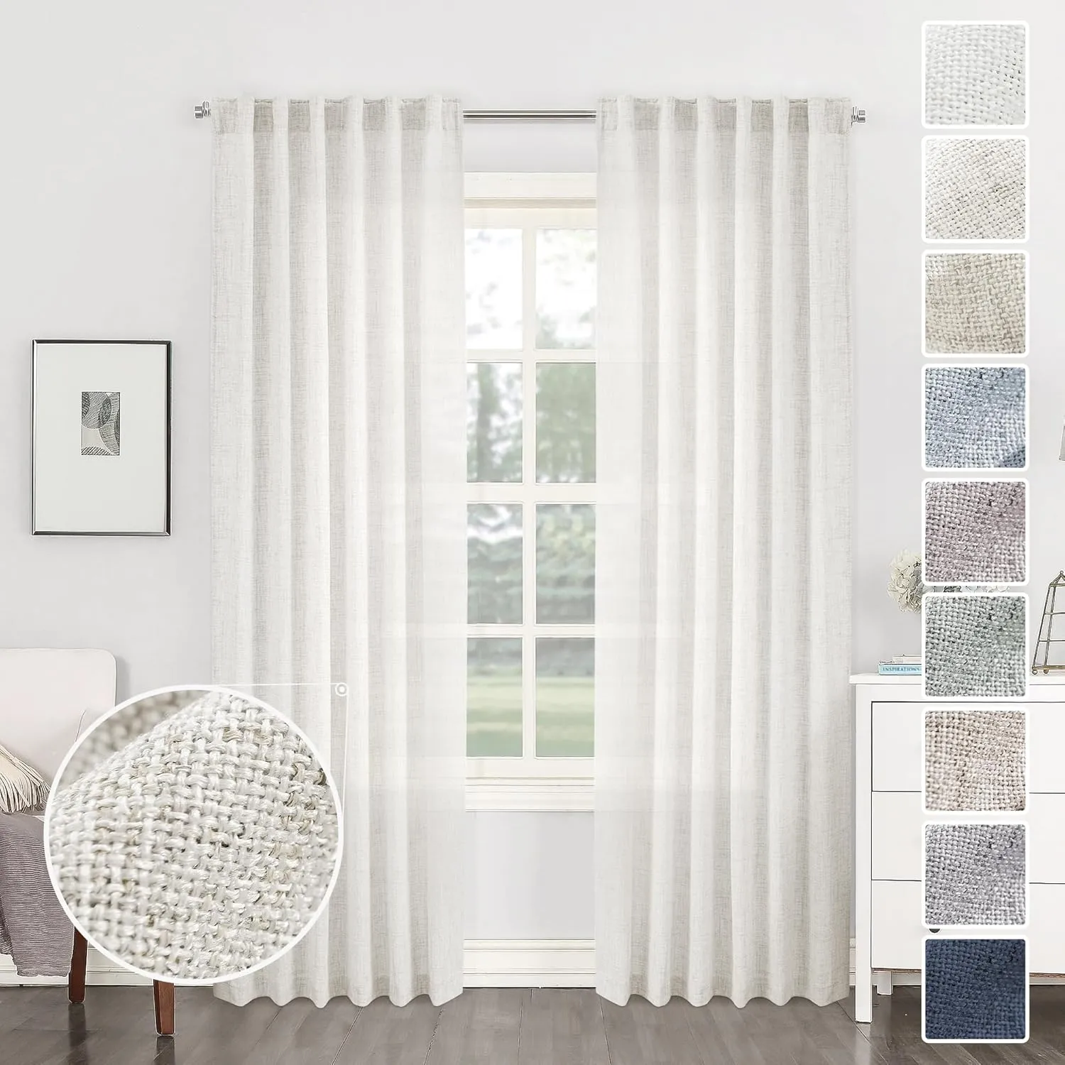 95 Inch Length Curtains 2 Panels Set Rod Pocket Linen Window Sheer Privacy Decorative Curtain Drapes for Living Room Bedroom,50x95 in Long,Ivory(Cream/Off White)