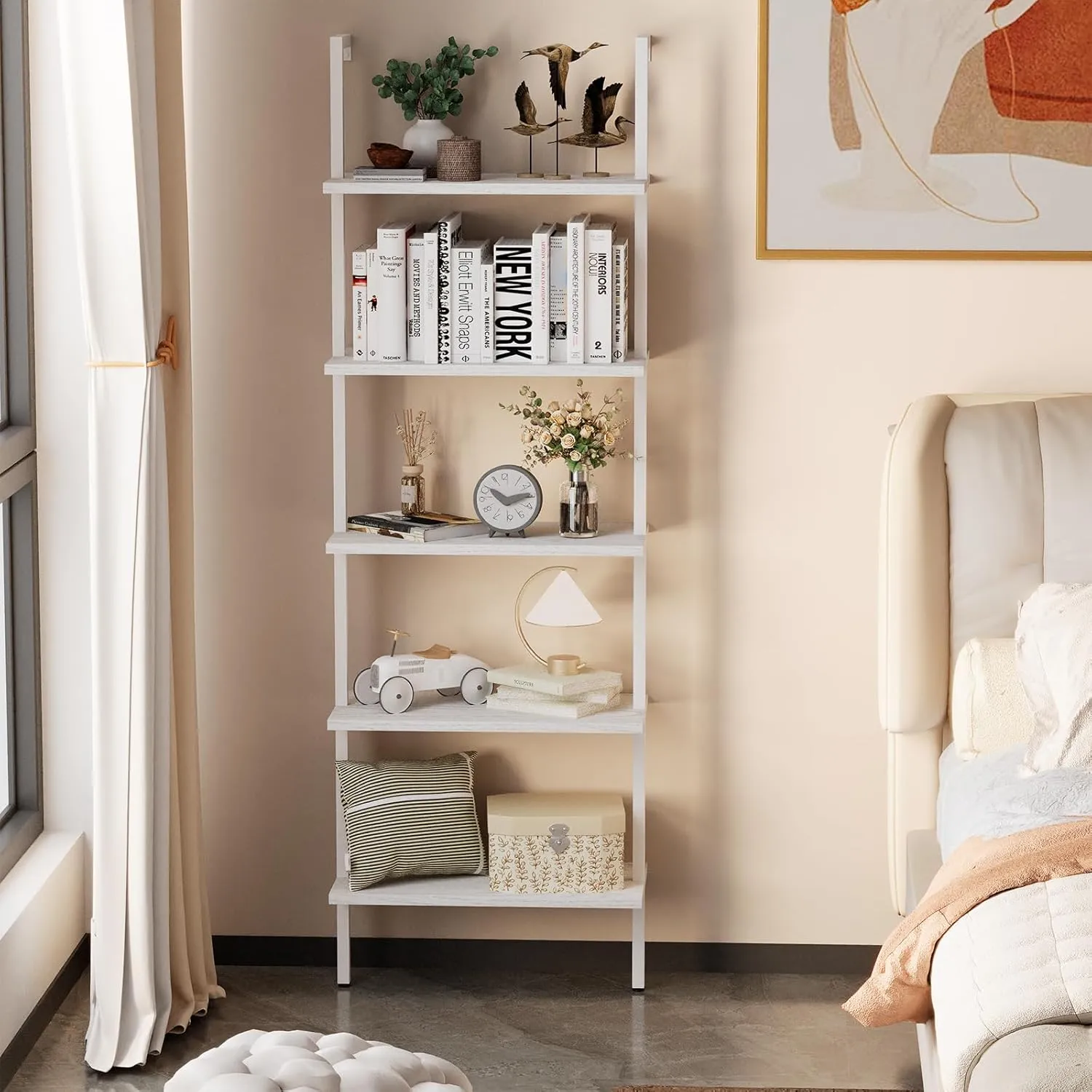aboxoo Ladder Shelf White Wooden Bookshelf 5-Tier Wall-Mounted Open Wood Rack Industrial Modern Plant Flower Stand Utility Organizer Bookcase Metal Frame Furniture Office Kitchen Bedroom