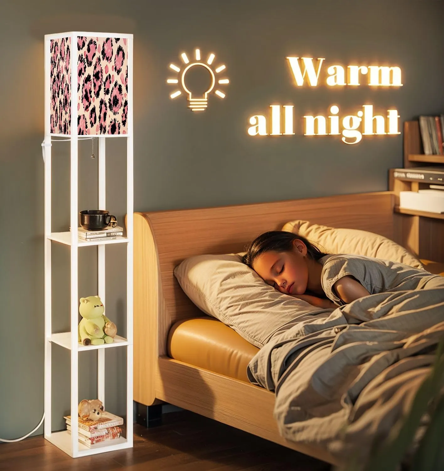 Abstract Leopard Seamless Pattern Black Spots Pink Flowers White Floor Lamps with Shelves, Modern Standing Lamp Narrow Corner Display Bookshelf Lamp for Living Room, Bedroom, Office Decor