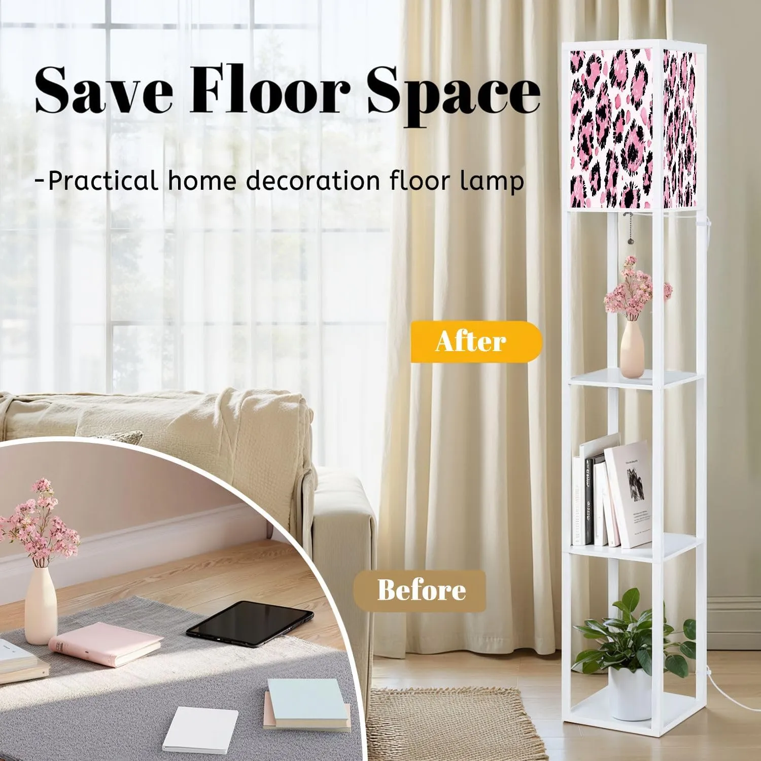 Abstract Leopard Seamless Pattern Black Spots Pink Flowers White Floor Lamps with Shelves, Modern Standing Lamp Narrow Corner Display Bookshelf Lamp for Living Room, Bedroom, Office Decor