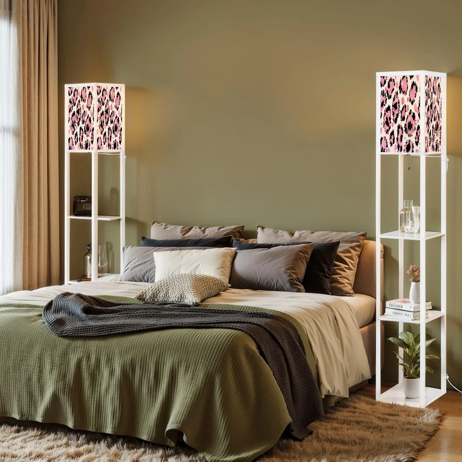 Abstract Leopard Seamless Pattern Black Spots Pink Flowers White Floor Lamps with Shelves, Modern Standing Lamp Narrow Corner Display Bookshelf Lamp for Living Room, Bedroom, Office Decor