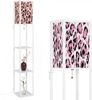 Abstract Leopard Seamless Pattern Black Spots Pink Flowers White Floor Lamps with Shelves, Modern Standing Lamp Narrow Corner Display Bookshelf Lamp for Living Room, Bedroom, Office Decor