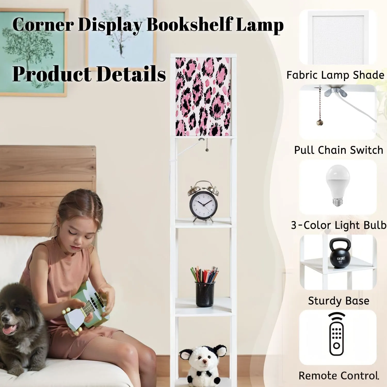 Abstract Leopard Seamless Pattern Black Spots Pink Flowers White Floor Lamps with Shelves, Modern Standing Lamp Narrow Corner Display Bookshelf Lamp for Living Room, Bedroom, Office Decor