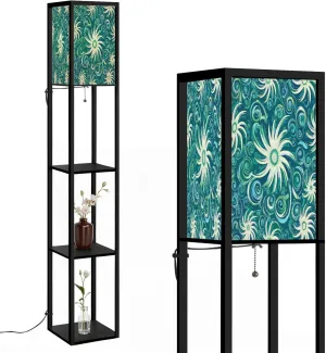 Abstract seamless pattern blue circle elements Ethnic summer texture Floor Lamps with Shelves, Modern Standing Lamp Narrow Corner Display Bookshelf Lamp for Living Room, Bedroom, Office Decor