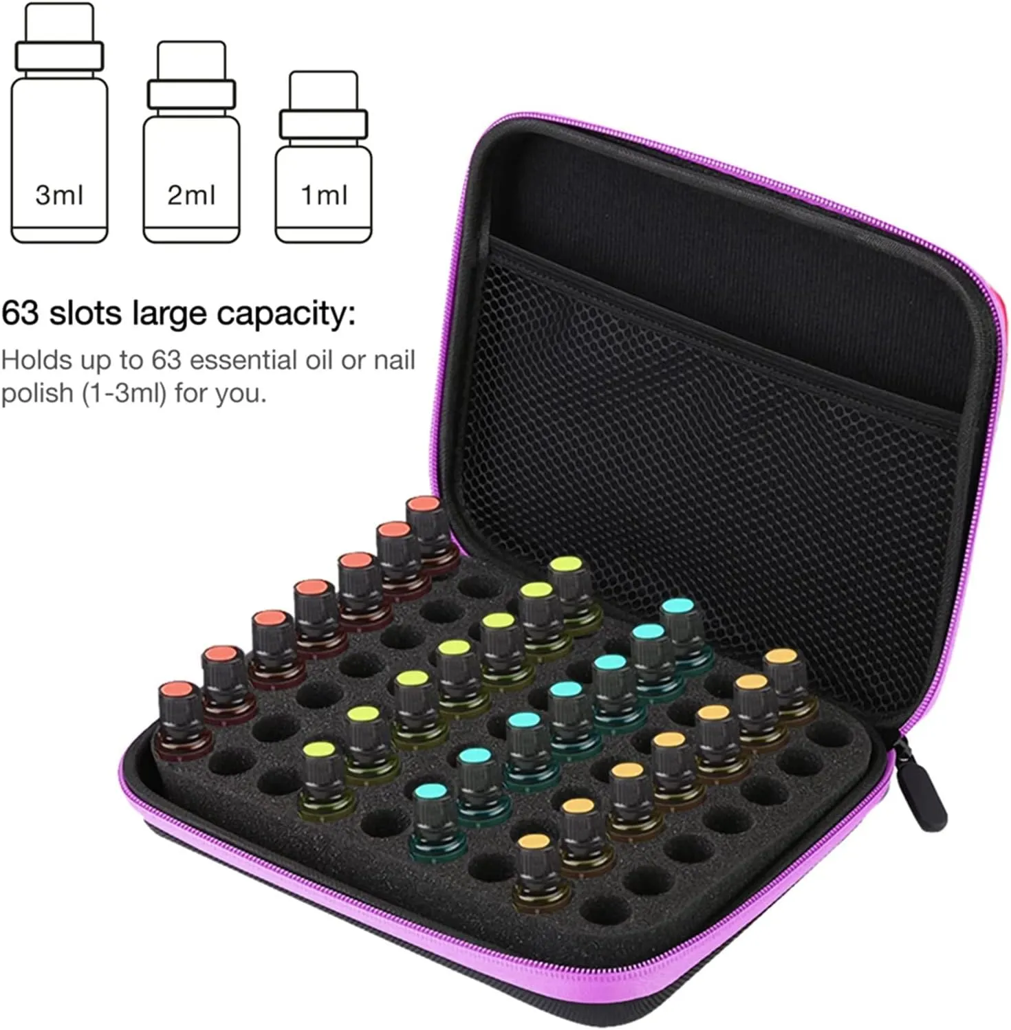 Acouto 63 Slots Essential Oil Storage Organizer Carrying Case, Portable Aromatherapy Essential Oil Bag Box Nail Polish Holders, for Fragrance Oils, Nail Polish 1ML 2ML 3ML (Purple)