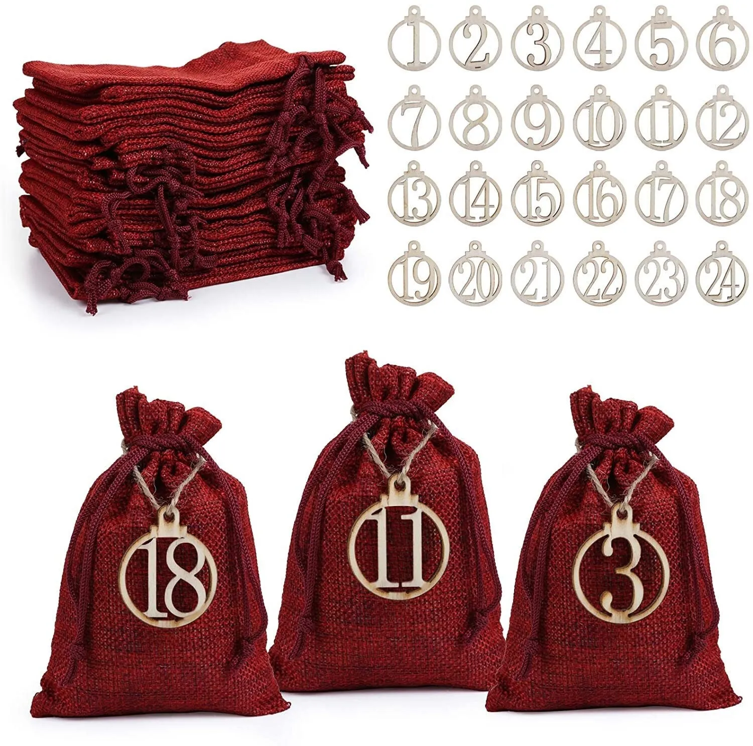 Advent Calendar - DIY 2021 Advent Calendar Drawstring Bags with Wooden Numbers - Santa Sack - Gift Bags - Christmas Countdown